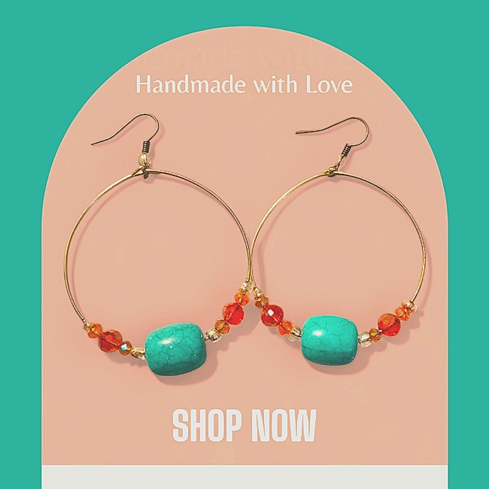 Handmade Faux Turquoise & Czech Crystal Hoops